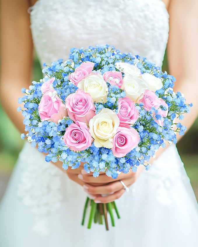 Babys Breath Artificial Flowers, 24Pcs Fake Baby Breath Flowers Artificial Bulk Faux Gypsophila Real Touch Flowers for Outdoors Wedding DIY Bouquet Arrangement Party Home Garden Decor, Blue