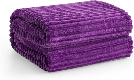 Vessia Flannel Fleece Throw Blanket for Couch,Sofa,Bed, 300GSM Striped Purple Blanket for Adults and Kids, Super Soft Warm Cozy Lightweight Ribbed Throw for All-Season