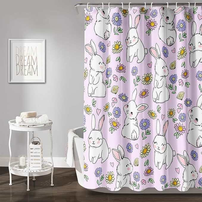 AILONEN Rabbit Bunny Shower Curtain for Bathroom,Cute Animal Shower Curtain Colorful Flower Decor Bath Curtain 72" W*78" H Polyester Fabric Waterproof Bathroom Bathtub Curtain with 12 Hooks