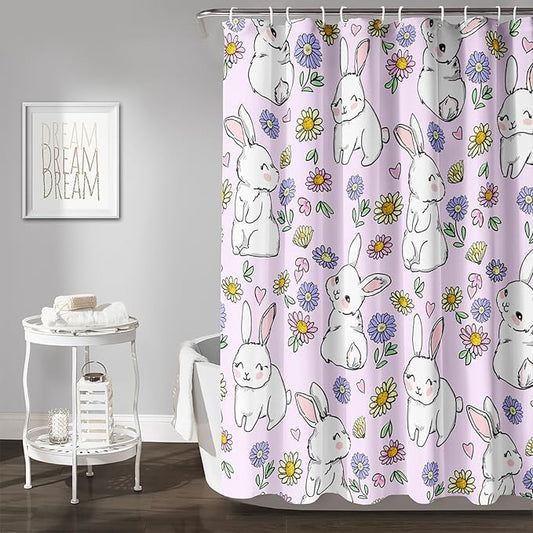 AILONEN Rabbit Bunny Shower Curtain for Bathroom,Cute Animal Shower Curtain Colorful Flower Decor Bath Curtain 72" W*78" H Polyester Fabric Waterproof Bathroom Bathtub Curtain with 12 Hooks