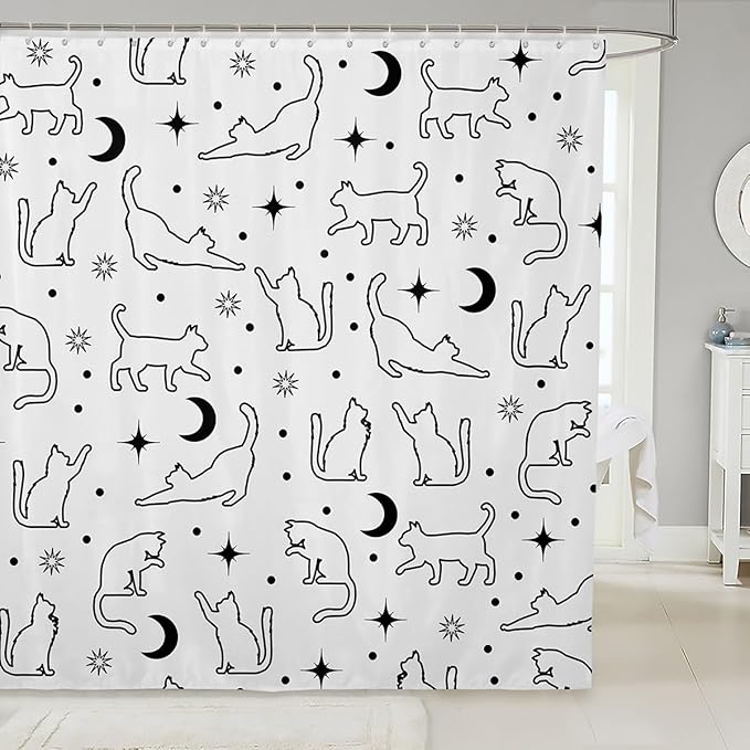 Cartoon Cat Silhouettes Kids Shower Curtains,Sun Moon Starry Sky Trippy Bathroom Curtains for Girls Boys,Cute Cats Hand-painted Boho Black White Waterproof Curtains,12 Hooks Suits,72"W x 84"L