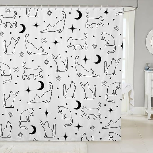 Cartoon Cat Silhouettes Kids Shower Curtains,Sun Moon Starry Sky Trippy Bathroom Curtains for Girls Boys,Cute Cats Hand-painted Boho Black White Waterproof Curtains,12 Hooks Suits,72"W x 78"L