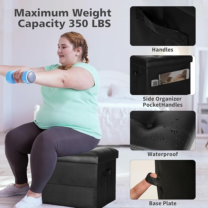 Storage Ottoman Foot Rest Stool with Thicker Foam Padded Seat. Foldable Leather Footstool Bench. Small Ottoman with Storage for Living Room Bedroom Coffee Table 350 lbs, 17x13x13in, Black