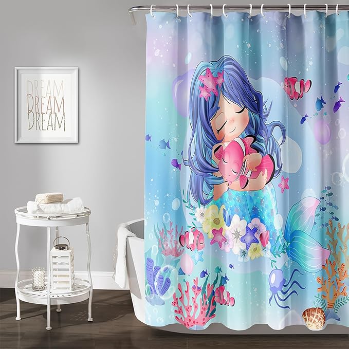 AILONEN Beautiful Mermaid Shower Curtain,Cute Mermaid Bath Curtain for Girls Teens,Ocean Curtain,Cartoon Fish Print Blue Waterproof Curtain for Bathroom Decor, 72" W x 96" H