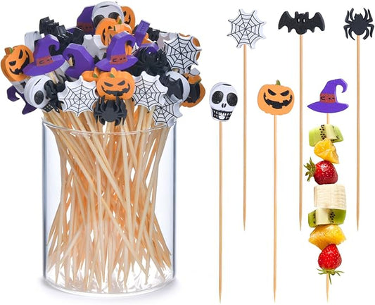 JtmyAota 100 Pack Halloween Toothpicks for Appetizers, 4.7 Inch Natural Bamboo Cocktail Picks for Cake Dessert Food Fruit Halloween Party Decorations