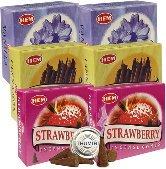 Vanilla Cinnamon Strawberry Incense Cones & Holder Bundle Variety Pack From Hem Trumiri Insense Insence