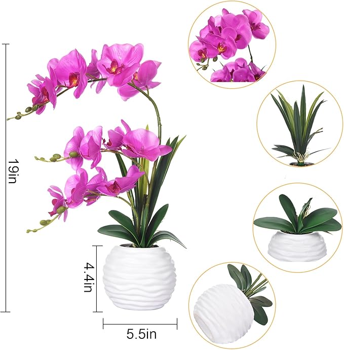 Artificial Orchids in Vase Fake Real Touch Orchid Flowers in Pot Faux Phalaenopsis Potted with Ceramic Vase for Home Office Wedding Table Decoration, Fuchsia