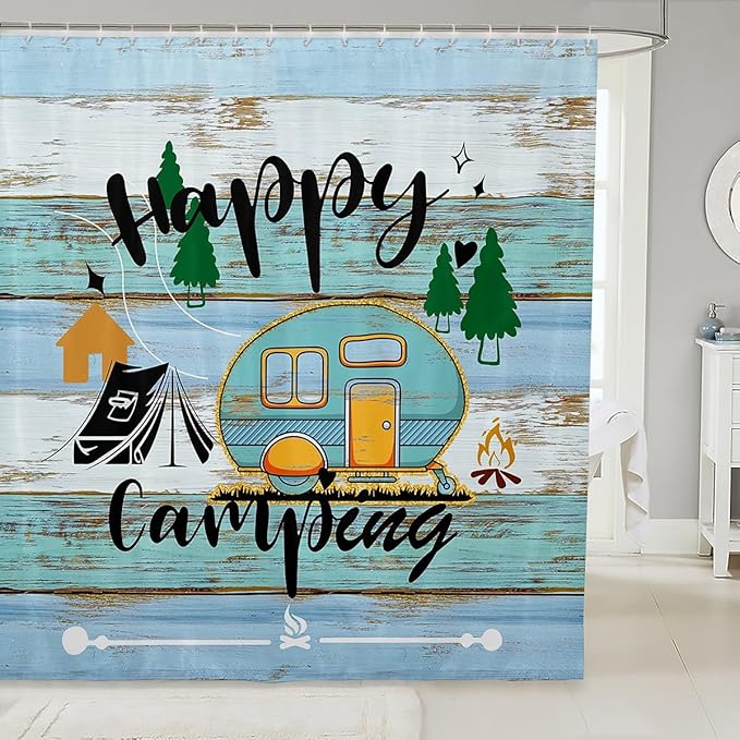 Feelyou Happy Camping Bathroom Waterproof Accessories with 12 Hooks Blue and Orange Camper Fabric Shower Curtain for Kids Farmhouse Style Shower Curtain Vintage Barn Door Curtains,72X72 Inches