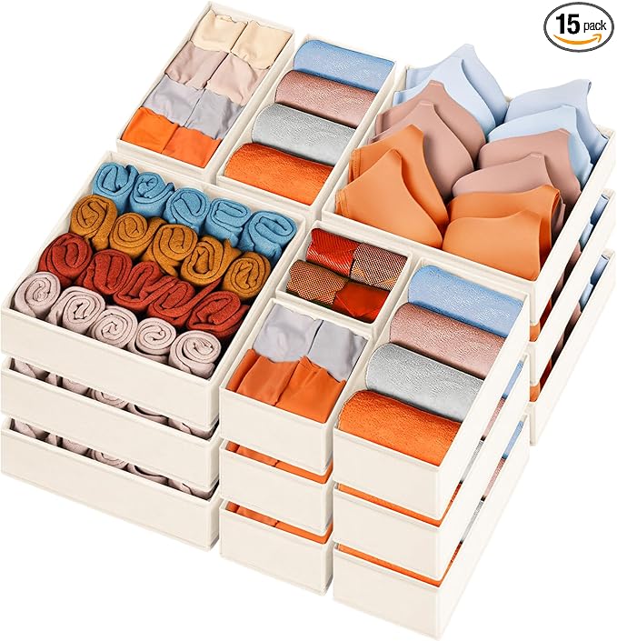 Criusia Closet Drawer Organizer Clothes, 15 Pack Dresser Organizer for Baby Clothes, Fabric Drawer Dividers for Nursery Bedroom (Beige)