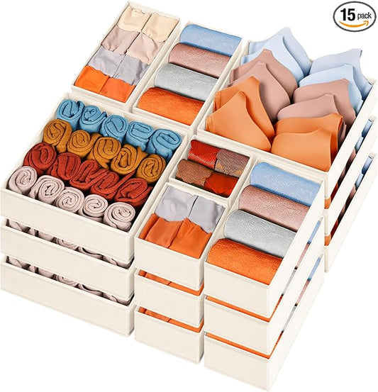 Criusia Closet Drawer Organizer Clothes, 15 Pack Dresser Organizer for Baby Clothes, Fabric Drawer Dividers for Nursery Bedroom (Beige)