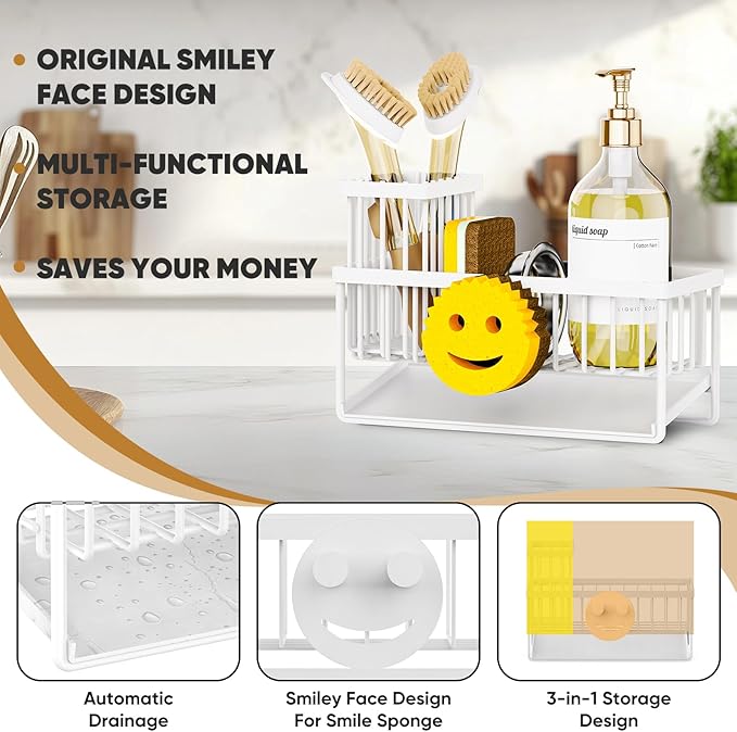 Sponge Holder for Kitchen Sink,Smiley Face Sink Caddy with Removable Brush Holder,Self-Draining Sponge Caddy for Soap,Dish Brush,Scrubber,Kitchen Essentials and Gadgets-White