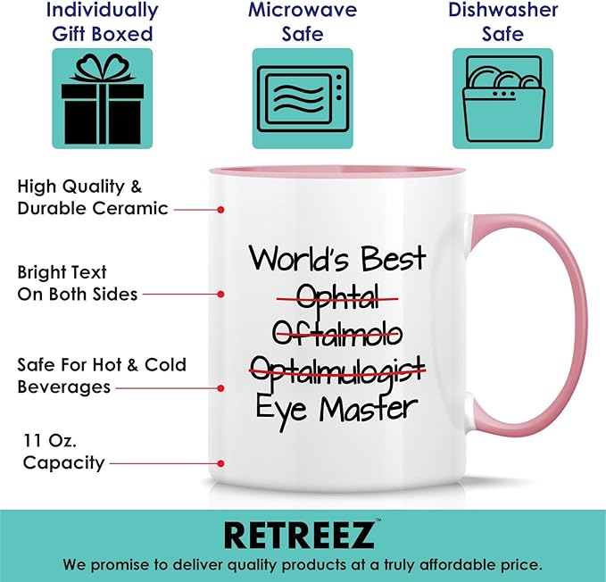 Retreez Funny Mug - World's Best Ophthalmologist Eye Doctor Master Ophthalmology 11 Oz Ceramic Coffee Mugs - Sarcasm Motivational Inspirational birthday gifts - White Mug with Pink Handle and Inner