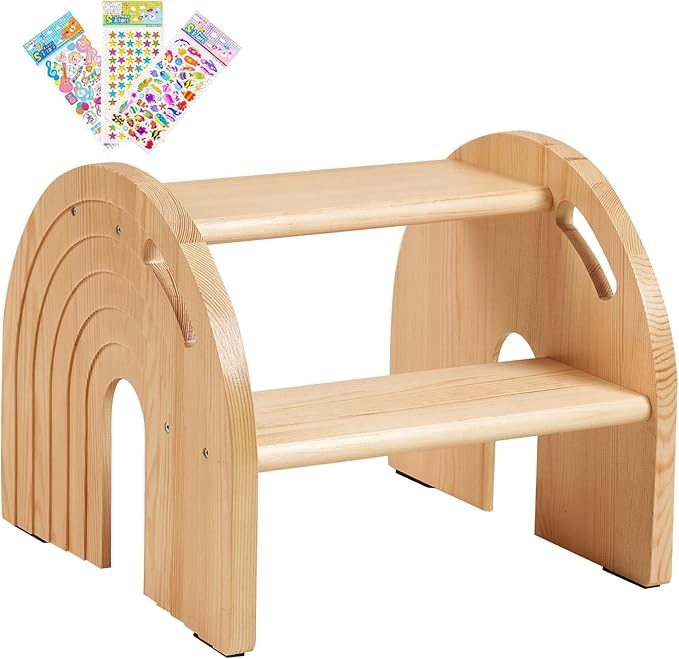 Rainbow Wooden Toddler Step Stool, Two-Step Stool for Bathroom, Kitchen and Potty Training,with Safety Non-Slip Pad, Handle and Auto Light(Natural)