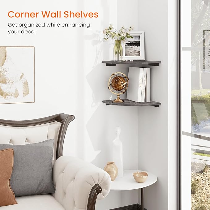 Homode Corner Shelf Wall Mount, Set of 2 Corner Floating Shelves with Cord Hole for TV, Cable Box, Wood Hanging Storage Shelf Organizer for Bathroom Kitchen Living Room Bedroom, Rustic Grey