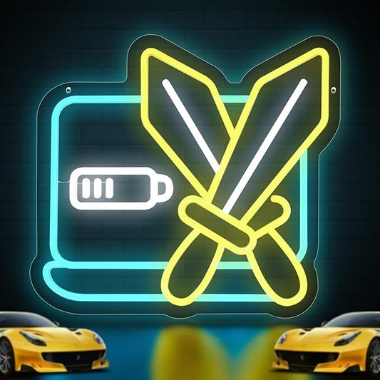 Neon Sign for Wall Decor, Gamer Neon Light for Man Cave, Crossed Swords LED Sign with Dimming Switch for Boys Kids, Teen Gaming Room, Bedroom, Bar Decor, Party Decorations, 5V USB Power Adapter