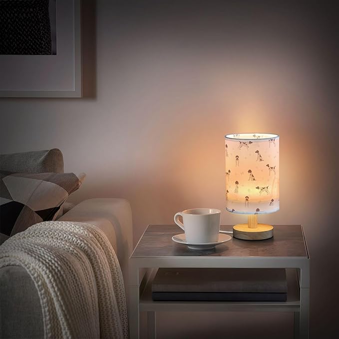 Table Lamp Cute Dog German Shorthaired Pointer Pattern Nightstand Lamp with Wood Base Fabric Lamp Shade Bedside Desk Lamp for Living Room Bedroom Kids Room Office