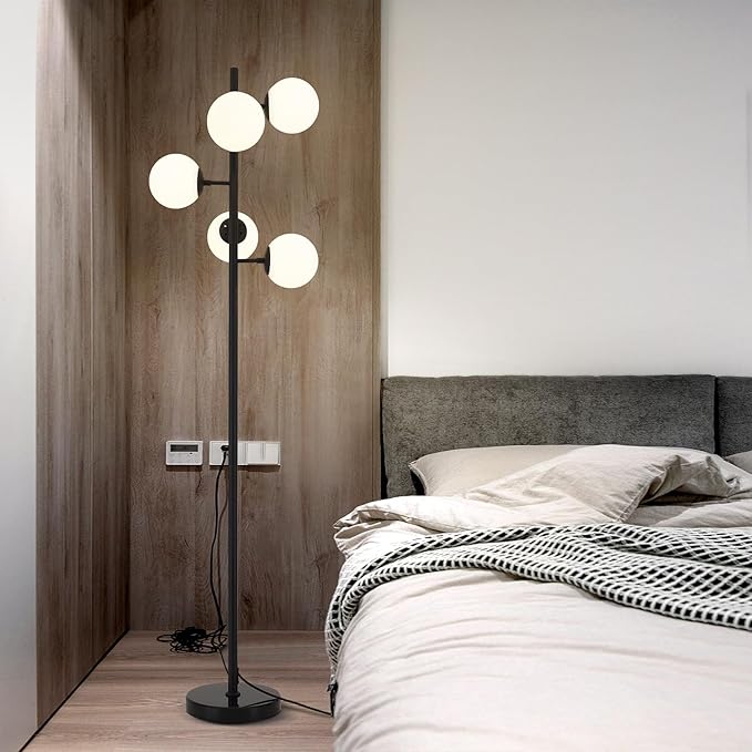 KCO Lighting Contemporary Standing Light 5-Light Frosted White Glass Globe Floor Lamp Modern Black Corner Tall Pole Lamp with Foot Switch for Home Office (Black)