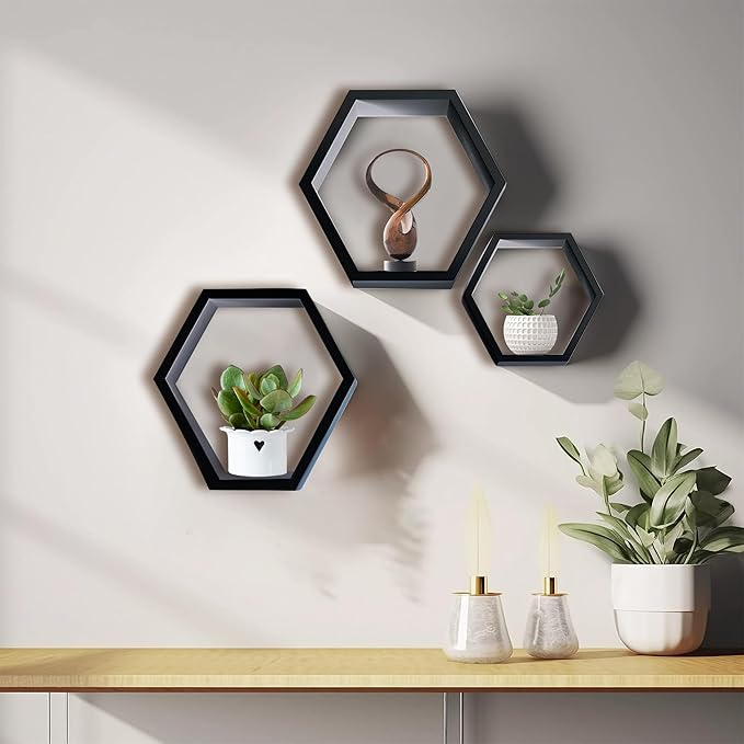 DD DEFINED DECO Set of 3 Pine Wood Hexagon Shelves for Wall Decor,Wall Mounted Floating Shelves,Farmhouse Honeycomb Living Room,Hanging Rustic Shelf Racks Bedroom,Nursery, Black, (B2C230007-3SET)
