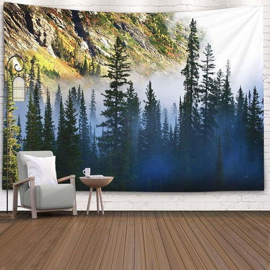 EMMTEEY Landscape Tapestry Wall Art - Fog and Pine Tree on Rugged Mountainside - 80x60cm