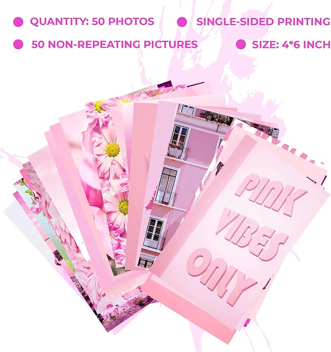WOONKIT Pink Aesthetic Pictures, Collage Kit for Wall, Pink Room Wall Bedroom Dorm Decor, Room Decor for Teen Girls, Trendy 50pcs 4x6 inch