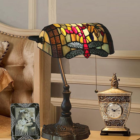 Tiffany Style Bankers Table Lamp Stained Glass Piano Desk Lamp Vintage Bedroom Bedside Lamp for Study,Antique Alloy Base,Zipper Switch,Dragonfly a