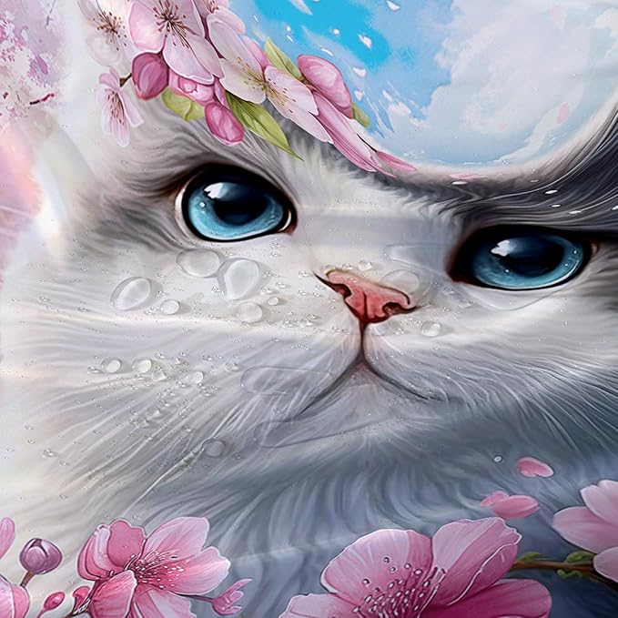 AILONEN Lovely Cat Shower Curtain Set, Pink Cherry Blossom Waterproof Fabric Shower Curtain for Kids Boys Girls,Fat Kitty Cloth Shower Curtain for Bathroom,48" W*72" H