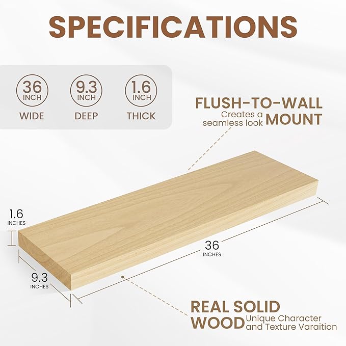 Fun Memories Deep Floating Shelves, Solid Wood Floating Shelves Wall Mounted, 9.3" Deep Wall Shelf for Living Room, Bedroom, 36 x 9 Large Floating Shelf for Books, Natural Color, Set of 2