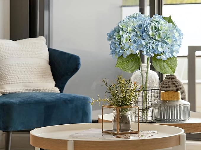 20" 4PCS Artificial Light Blue Hydrangea Flowers Large Faux Latex Real Touch Fake Hydrangeas Silk Bouquet with Leaves Stems for Family Table Office Wedding Party Arrangements