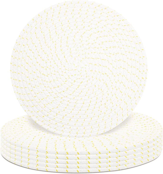 Round Placemats Set of 6, Cotton Rope Woven Table Mats, Hot Pads for Kitchen, Non Slip Heat Resistant Place Mats, 13 Inches Braided Placemat for Farmhouse Decor and Kitchen Table Decor (Beige Line)