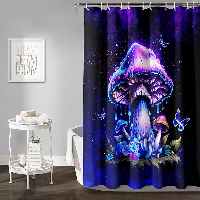 AILONEN Magic Mushroom Shower Curtain,Blue Butterfly Waterproof Fabric Bath Curtain for Kids Girl,Boho Style Shower Curtain Set for Bathroom,Natural Fungal Shower Curtain with Hooks 48" W*72" H
