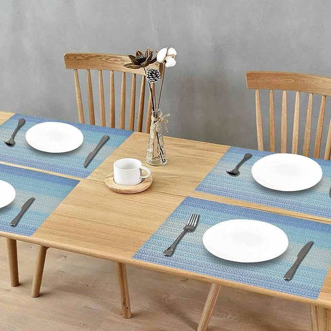 GIVERARE Placemats Set of 4, Heat-Resistant Woven Vinyl Placemat, Non-Slip Washable PVC Table Mat, Easy to Clean Premium Plastic Mats for Dining, Kitchen Table (Light Blue)