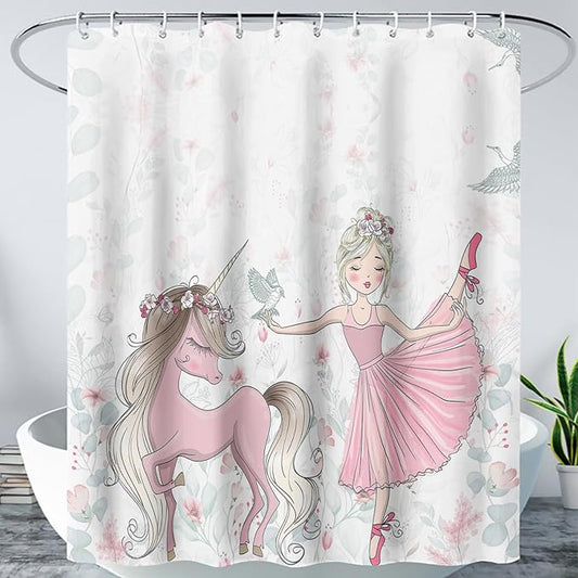 AILONEN Unicorn Shower Curtain, Cartoon Unicorn with Ballerina Girl Shower Curtain Set for Girls Teens Kids,Watercolor Pink Flowers Fabric Shower Curtain for Bathroom,72" W*84" H