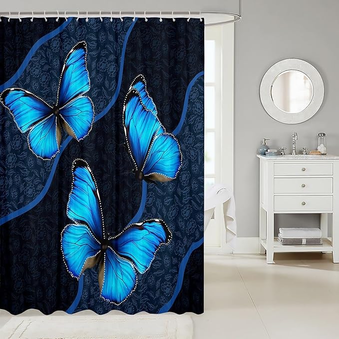 Feelyou Butterfly Shower Curtain 72"x84" Kids Butterflies Botanical Floral Print Bathroom Shower Curtain Set for Boys Girls Teens Geometric Stripes Bath Curtain Blue Bathroom Accessories