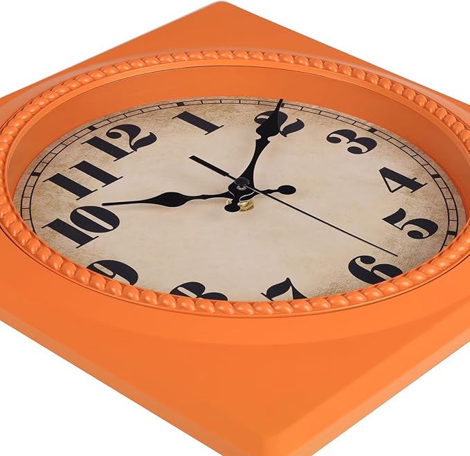 Orange Retro Wall Clocks Battery Operated 12 Inch- 1950s Style Square Vintage Clock for Kitchen Living Room Home Decor