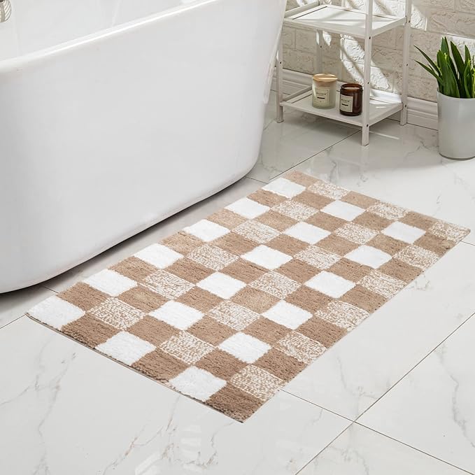 CozeCube Checkered Bath mats for Bathroom Non Slip, Plush Shaggy Bath Rugs for Bathroom Washable, Buffalo Plaid Bath mat, Beige, 47" x 24"