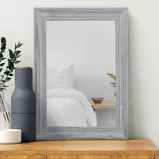 Wooden Mirror with Framed Rectangular Retro Wall Mirrors Decorative for Bathroom Bedroom Living Room Hallway Entryway Home Decor Grey