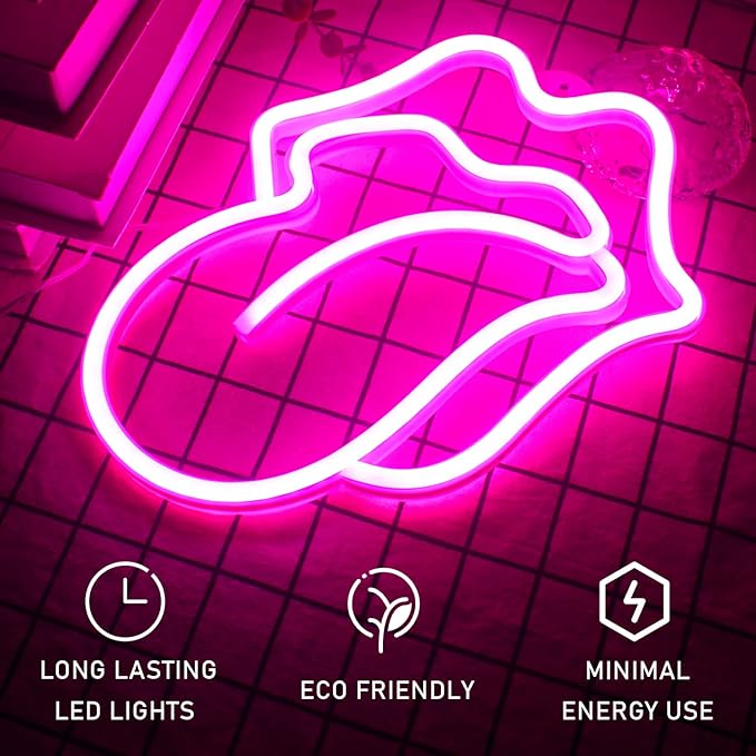 Gamerneon Lips Neon Sign LED Pink Lips Big Tongue Shaped Neon Signs for Wall Decor USB Neon Light Signs for Bedroom Bar Pub Hotel Christmas Wedding Party