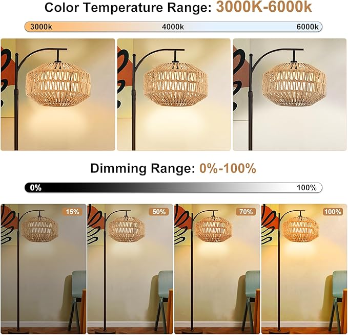 Boho Rattan Floor Lamps for Bedroom with 3 Color Temperatures, 72'' Modern Farmhouse Floor Lamp 360°Rotatable with Shades/Remote/12W Bulb(Included)/Adjustable Height for Living Room, Office