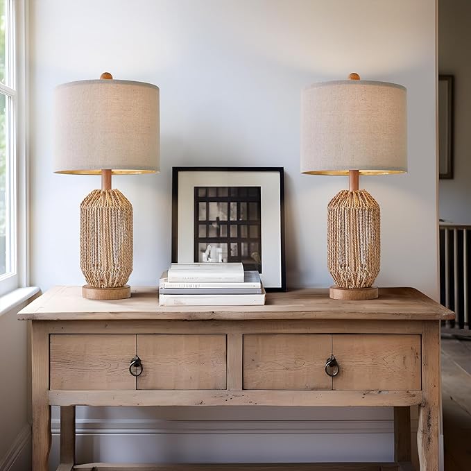 OYEARS 21" Boho Table Lamps Set of 2 for Living Room, Bedside Lamps for Nightstand, Rattan Lamp for Bedroom, Farmhouse Table Lamps for Boho Decor, End Table, Retro, Brown