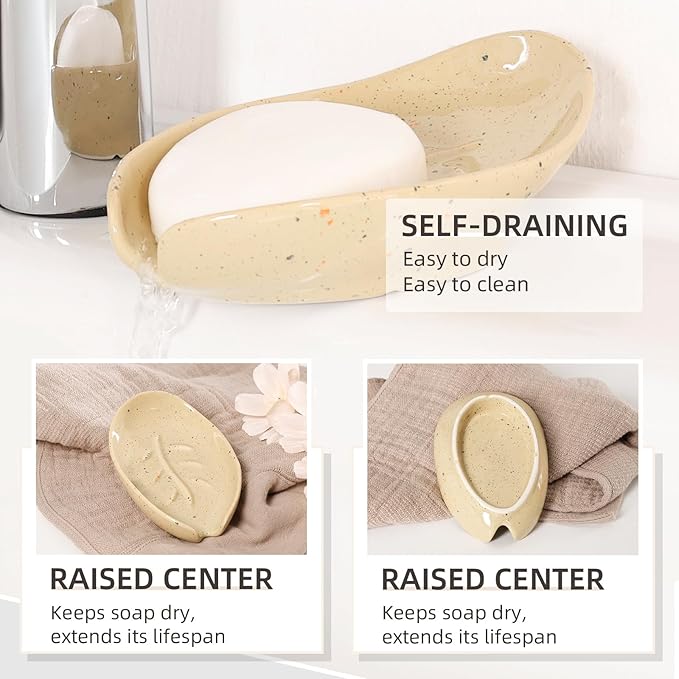 Soap Holder, Self Draining Soap Dishes 2PCS, Leaf Shape Ceramic Bar Soap Holder Drain Soap Dishes for Bathroom Sink Shower Kitchen, Easy to Clean Keeps Soap Dry, ANTIS'S HOME