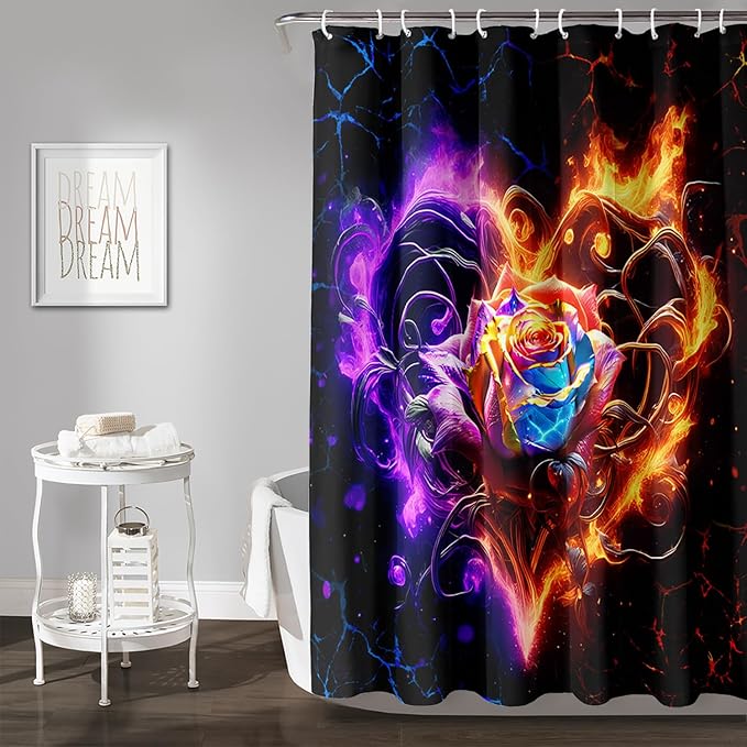 AILONEN Rose Shower Curtain for Bathroom,Purple Red Flame Fire Rose Hearts Print Bath Curtain,Modern Print Decoration Waterproof Shower Curtain with 12 Plastic Hooks, 48" W*72" H