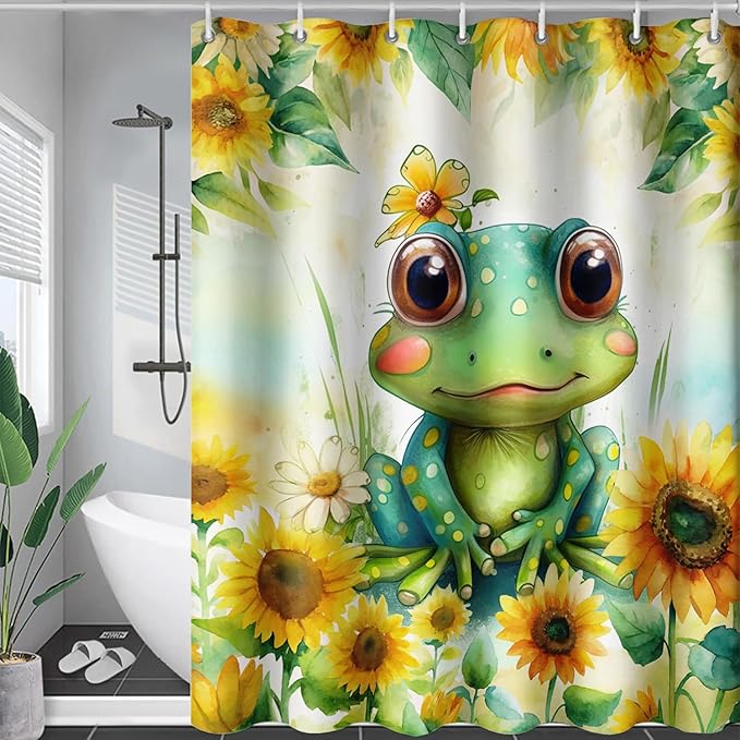 AILONEN Cartoon Green Frog Shower Curtain,Watercolor Sunflower Shower Curtain,Cute Kawaii Frog Curtain for Kids Girls Boys,Yellow Flower Animal Frog Print Waterproof Bath Curtain 72" W x 96" H