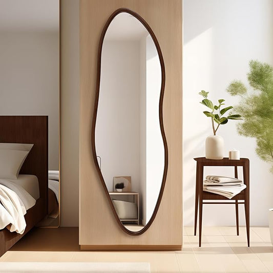Irregular Full Length Mirror, 65"x22" Wooden Farmhouse Full Body Mirror, Large Asymmetrical Wall Mirror, Decorative Wall Mounted Mirrors for Living Room Entryway, Horizontal/Vertical, Walnut