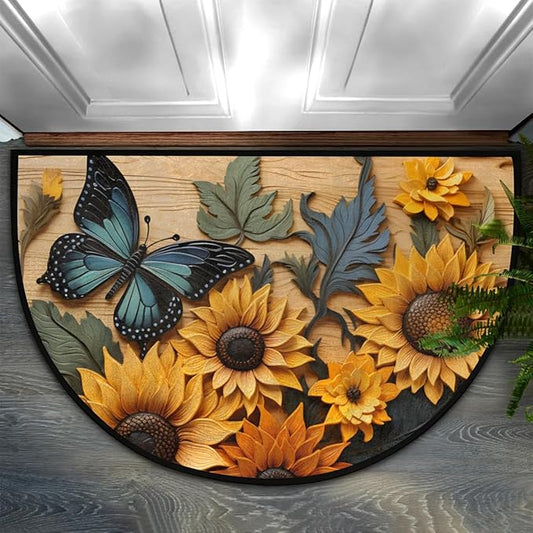 Half Round Door Mat Sunflower Butterfly Non Slip Bath Mats Absorbent Front Porch Rugs Shower Mat for Living Room Bedroom Kitchen Bathroom Floor Home Decor