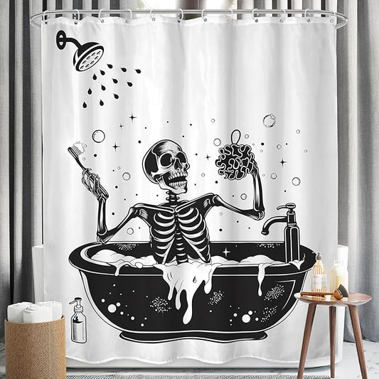 LGhtyro Funny Skull Shower Curtain Bathroom Set 71Wx71H Inches Black White Gothic Skeleton Bone Bathing in Bathtub Bubbles Spooky Cool Bath Accessories for Men Boys Art Home Decor Fabric 12 Pack Hooks