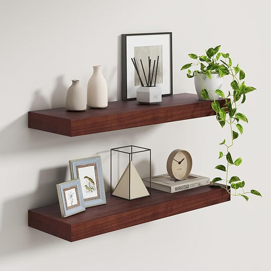 Fun Memories 9 Inch Deep Floating Shelves, Rustic Solid Wood Floating Shelf 30 Inch Long, 30 x 9 Wide Bathroom Shelves for Storage & Display, Walnut Color