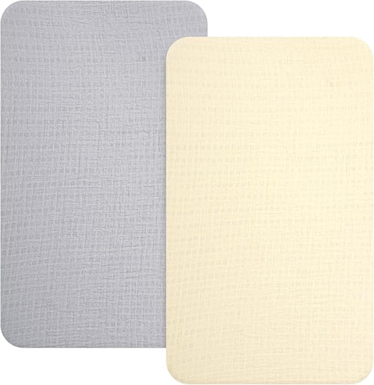 david's kids Muslin Mini Crib Sheets, 2 Pack Cotton Pack N Play Sheets for Boys Girls Neutral, Soft Breathable Baby Sheets Fit Pack N Play, Playard and Mini Crib Mattresses, Beige & Grey