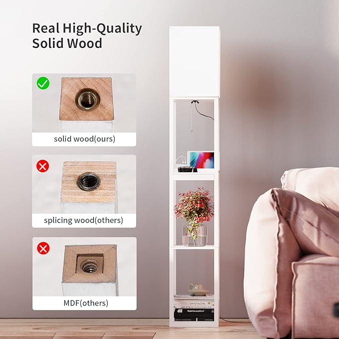 SUNMORY Dimmable Floor Lamp with Shelves,Modern Solid Wood Standing Lamp with 1 Drawer and 2 USB Ports & 2 Power Outlet,Corner Tall Bookshelf Lamp for Living Room and Bedroom(White)