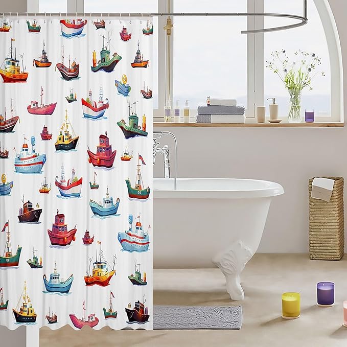 Feelyou Sailboat Shower Curtain 72"x84" Kids Nautical Decor Bathroom Shower Curtain Set for Boys Girls Teens Ocean Marine Themed Bath Curtain Sea Adventure Bathroom Accessories