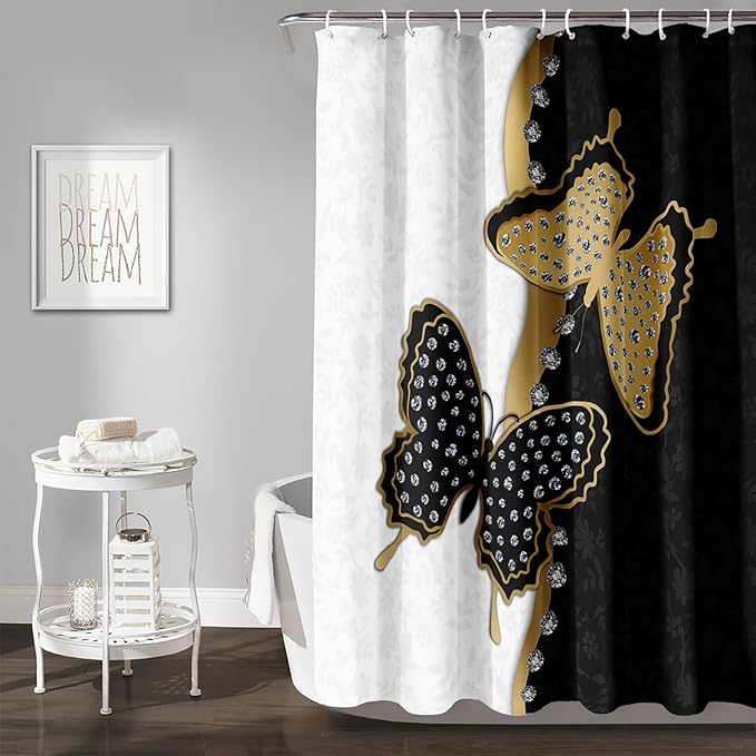 AILONEN Butterfly Shower Curtain for Bathroom Black and White Floral Printed Butterfly Bath Curtain 72" W*72" H Polyester Fabric Waterproof Bathroom Curtain with 12 Hooks